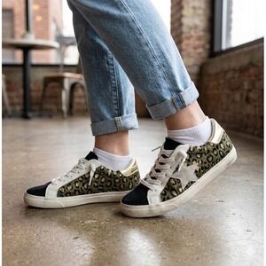 MMM Sneakers Women 9.5 Olive Gold Glam‎ Leopard Print  Star Patch Calf Hair Low